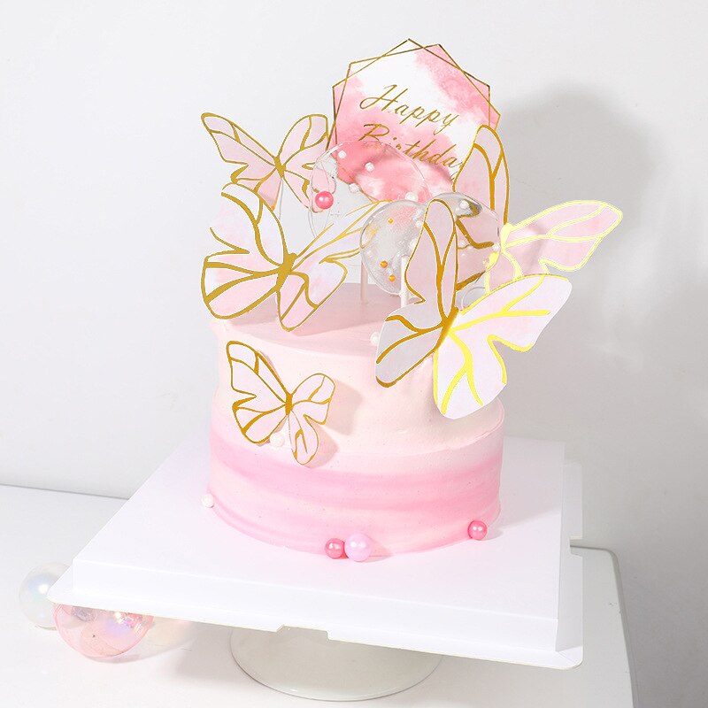 1 Set Roze Geschilderd Vlinder Thema Gelukkige Verjaardag Cake Topper Baby Shower Prinses Kids Gunsten Feestartikelen Candy Bar: 1SET