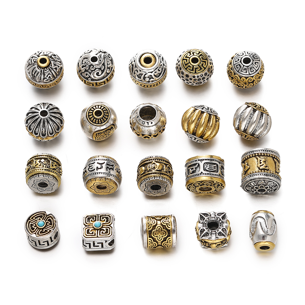 5 unids/lote cilindro redondo budista nepalí tibetano Color plata/oro cuentas sueltas de Metal para fabricación de joyería DIY pulsera