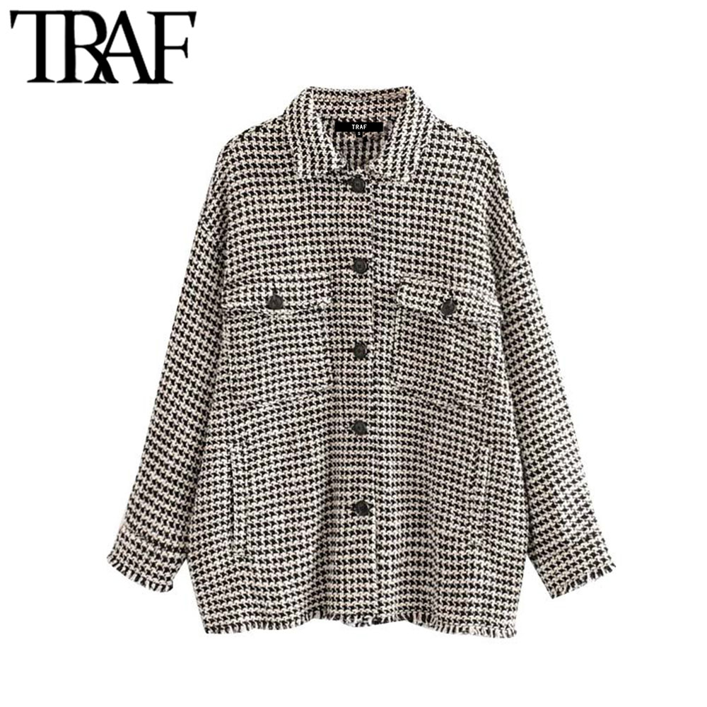 Traf Vrouwen Vintage Stijlvolle Gerafeld Kwastje Oversized Tweed Plaid Jas Mode Lange Mouwen Pockets Bovenkleding Chic Tops