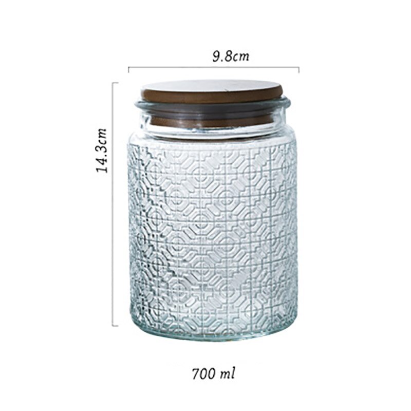 Relief Glass Storage Jar Carved Flower with Wooden Lid Sugar Crystal Jars Seal Tea Caddy Grain Dispenser Kitchen Supplies: B-2Bamboo cover