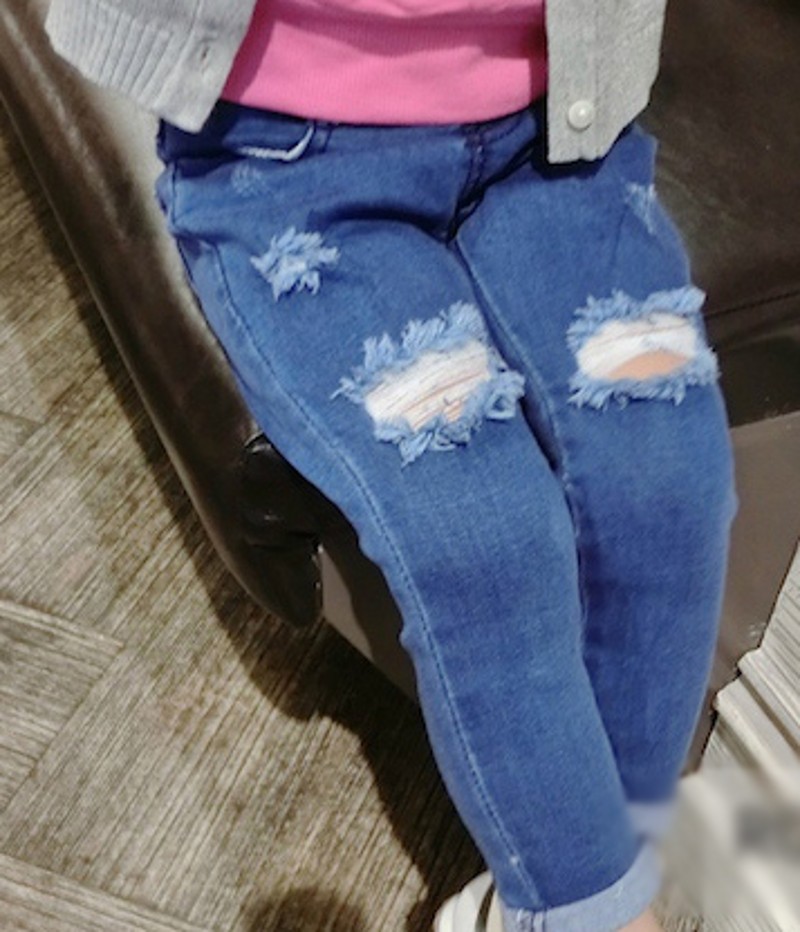 Ripped Boys and Girls Jeans Skinny Pants Spring Autumn Kids Denim Jeans 8JZ019: Blue / 2T