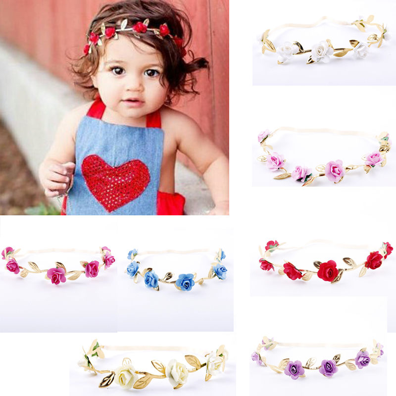 Neue Baby Mädchen Rose Headwear Blumen Crown Elastische Gold Blätter Haar Band Prinzessin Nette Stirnband Baby Mädchen Foto Prop Zubehör