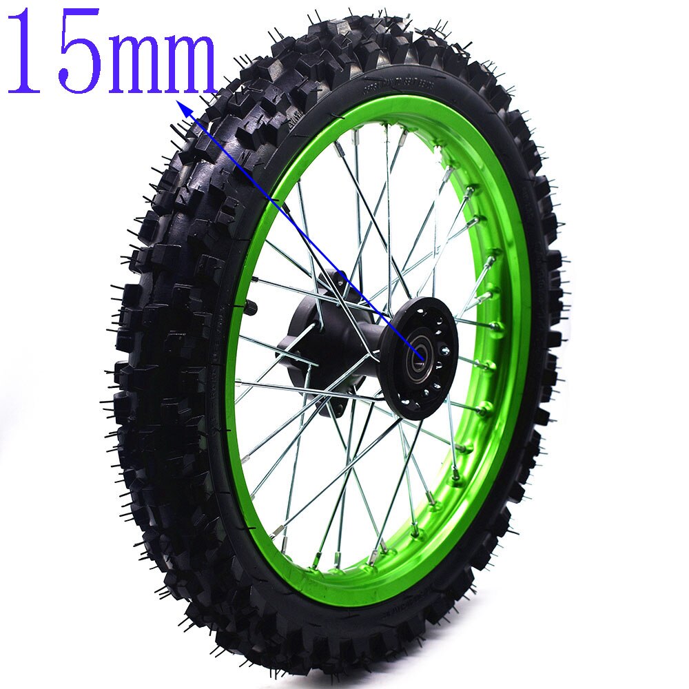 Front 14inch Pit Bike wheels GuangLi 60/100-14 Tyre Aluminum Alloy Rims with 32 holes spoke KTM CRF PRO KLX YZF 110cc: 15MM Green