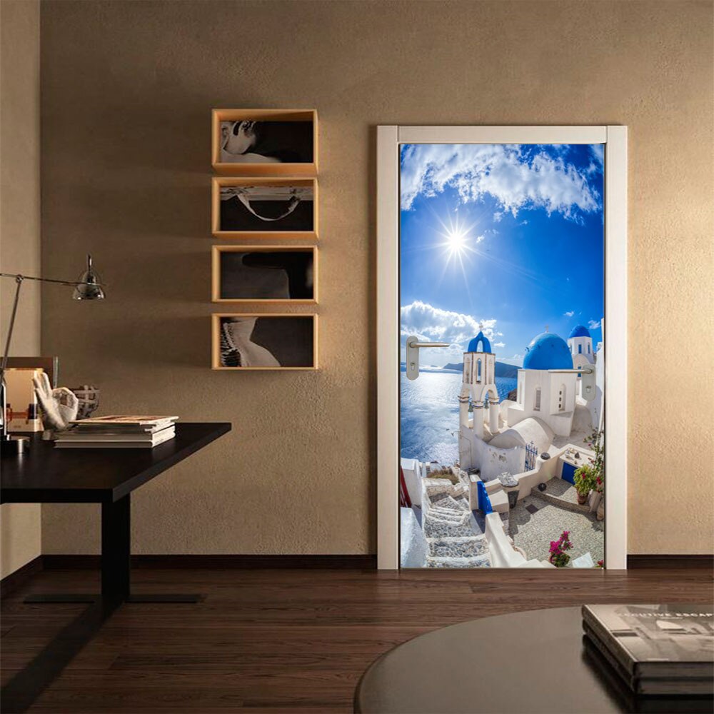 Mediterranean Scenery Door Stickers Home Decoration Decal DIY Bedroom Livingroom Renovation Waterproof Door Mural Self Adhesive