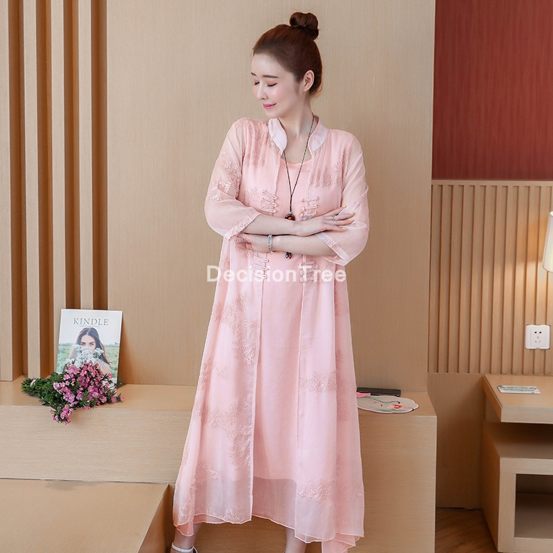 chinese dress qipao suit cotton linen cheongsam Two Piece Midi Dresses Vestidos Casual embroidery cardigan + dress robe: color2 / M