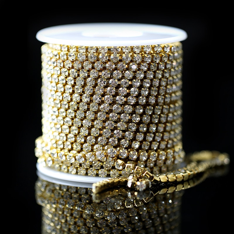 Ss6-ss16(2mm-4mm) 10 meter/rol kleding naaibeker strass ketting gouden basis glanzend kristal naai-stijl diy accessoires