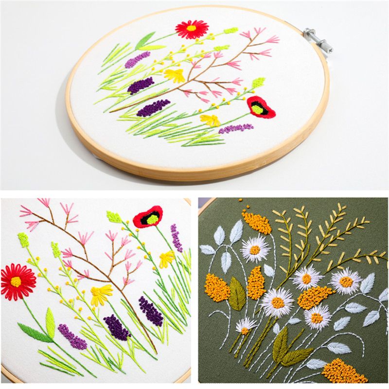 3 Sets Embroidery Starter Kit Cross Stitch Clothes with Floral Patterns Hoops