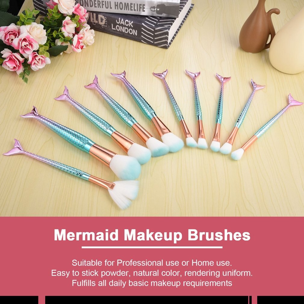 10PCS Mermaid Shaped Makeup Brush Set Fish Tail Foundation Powder Eyeshadow Make Up Brushes Beauty Tools Cosmetic Brushs Set