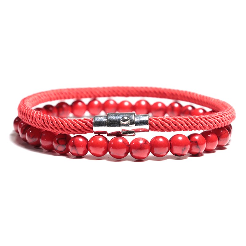 2 pçs/pçs/set grânulos de pedra natural corda pulseira conjunto artesanal dos homens pulseira de corda conjunto para biker masculino jóias homme bileklik: Red Set