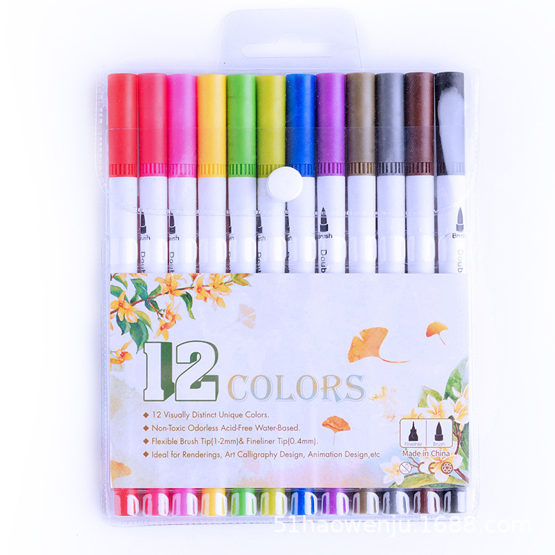 12/24/36/48/60/80/100 Ink Colored Art Marker Pen Set Calligraphy Dual-tip Paint Brush Drawing Painting Watercolor Pen Stationery: 12 Colors