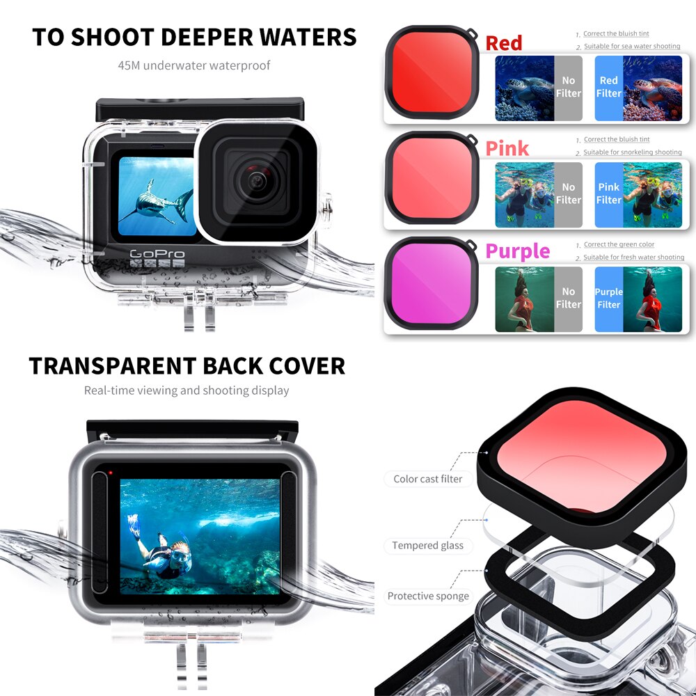 Juego de accesorios para Gopro hero 9, funda de EVA, película templada, carcasa impermeable, Protector de silicona con filtro rojo