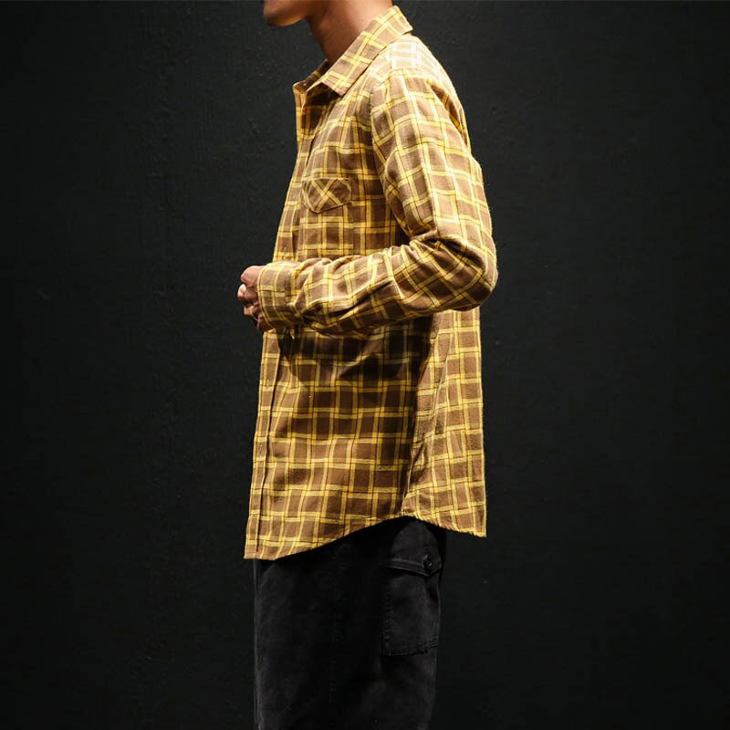 Rutete skjorte rutete skjorte herre skjorter lange ermer chemise homme bomull herre rutete skjorter merke herre klær slim fit herre: Gul / M