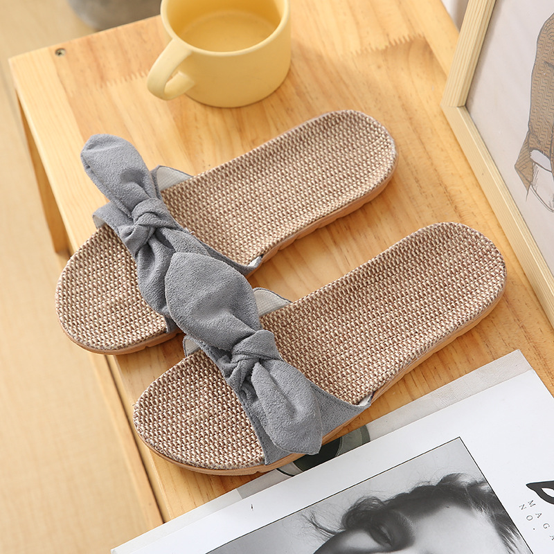 Suihyung kvinder sommerfugleknude hjemmesko blødt linned damer casual slides flade sandaler sommer indendørs sko skridsikre flip flops: Grå / 8