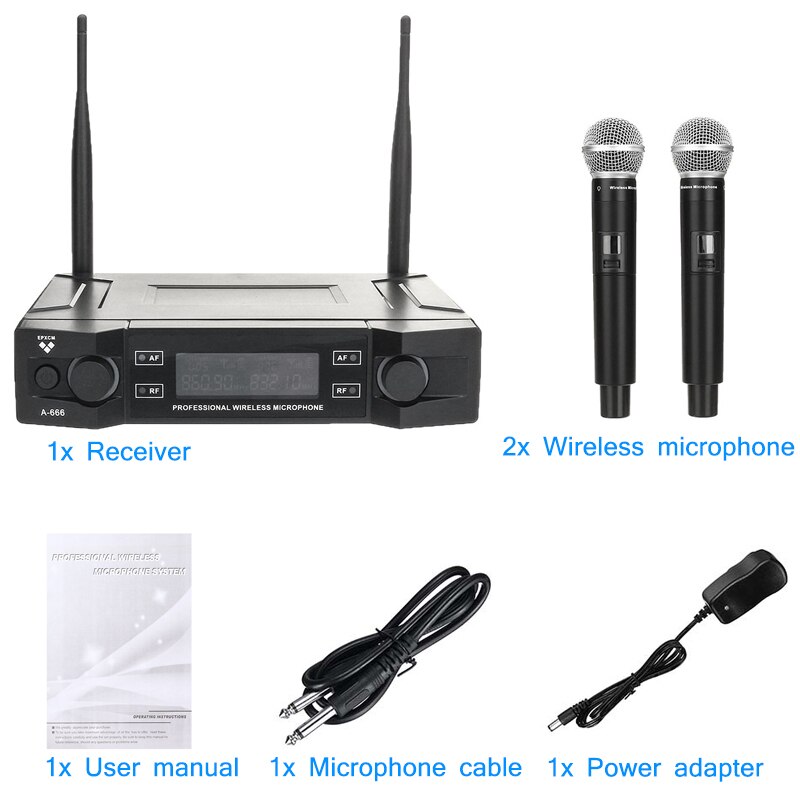 2 Channel UHF Wireless Microphone System 2 Cordless Handheld Mic Kraoke Speech Party supplies Cardioid Microphone
