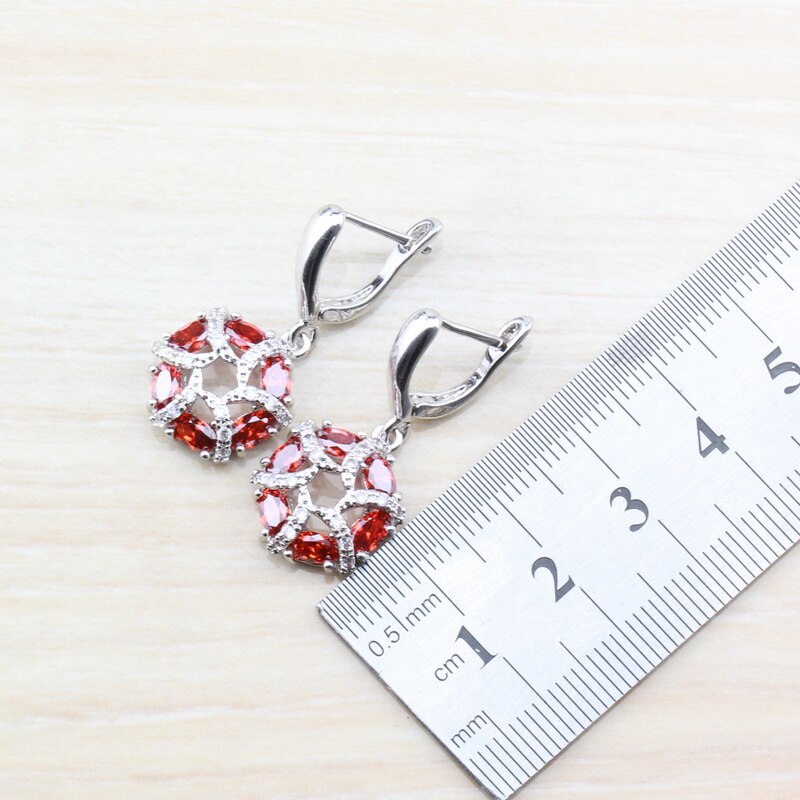 Bedel rode granaat bruids zilverkleur dames kostuum sieraden sets oorbellen ketting ring maat 6/7/8/9/10