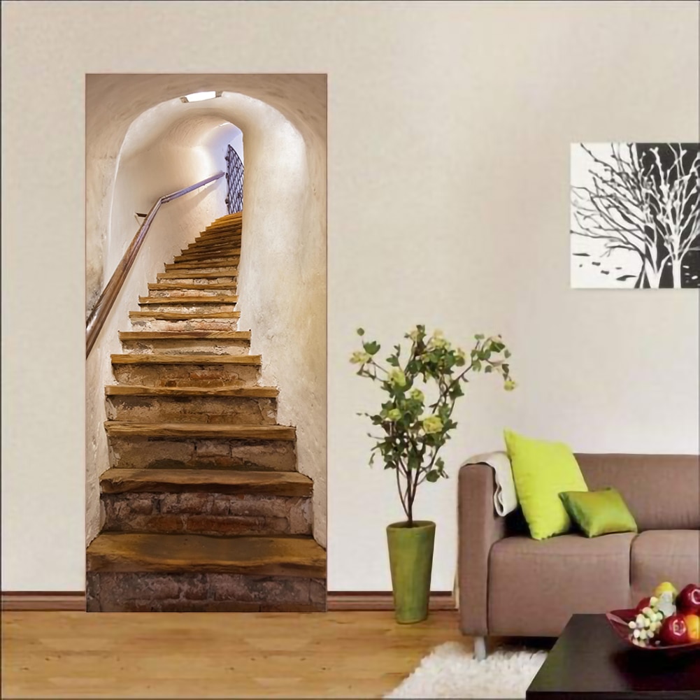 Staircase Stickers 3D Simulation Door Stickers Removable Bedroom Living Room DIY Renovation Wallpaper Easy to Clean Durable