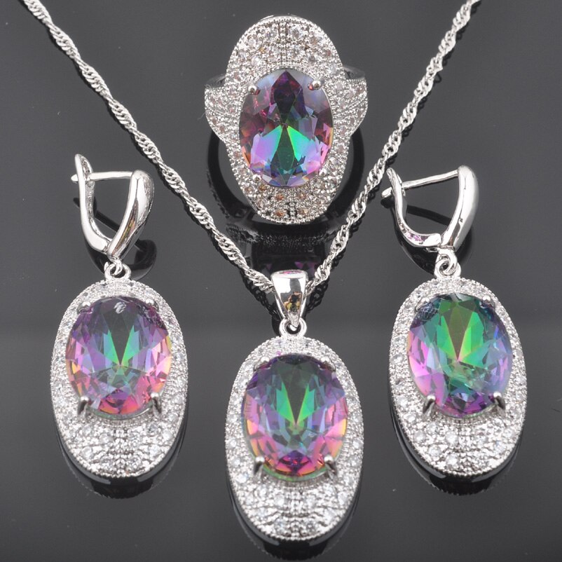 Rainbow Zirconia Zilver Kleur Sieraden Sets Vrouwen Huwelijksgeschenken Oorbellen Hanger Ketting Ringen Set QZ0586