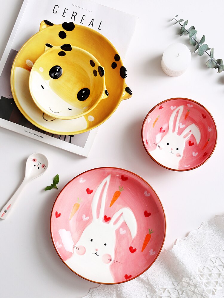 Cute cartoon ceramic tableware Kids Dinner Plate Toddler Feeding Dishes Snack dish Children Training Bowl Spoon Fork