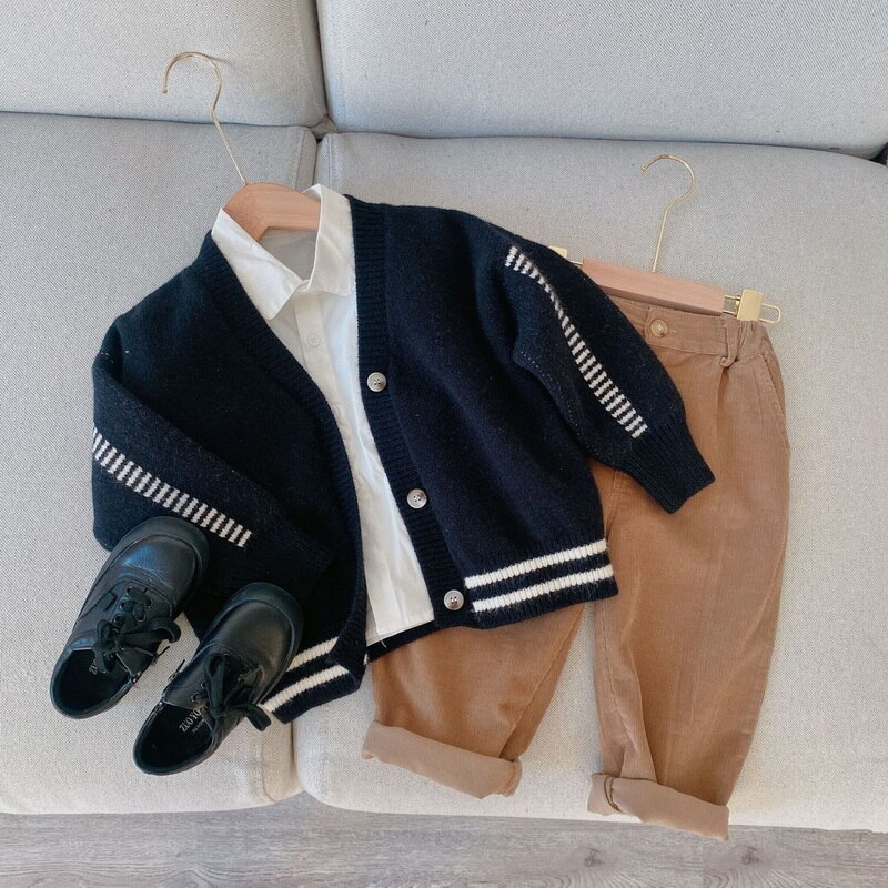 2021 vendita calda autunno ragazzi ragazze maglione cappotto grigio nero Patchwork maniche lunghe Cardigan giacche bambini maglieria Casual E7333