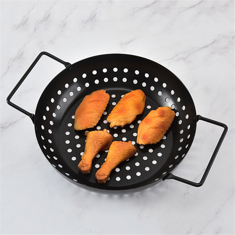 Non-stick Grill Pan Ronde Vierkante Dubbele Handvat Gaten Voedsel Groente Barbecue Keuken Camping Picknick Afvoer Mand Plaat Lade