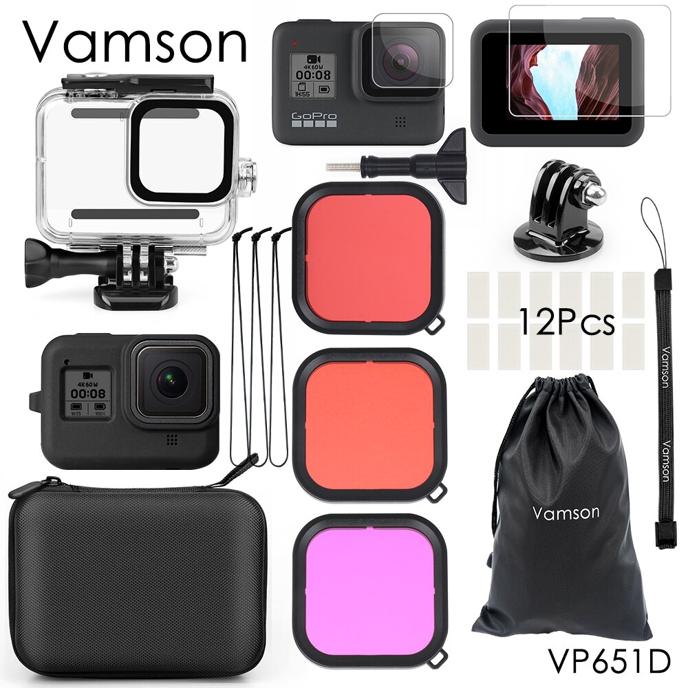 Vamson til gopro 8 svart til gopro tilbehør vanntett husveske dykking beskyttende til gopro helt 8 handling kamera  vp651: Vp651d