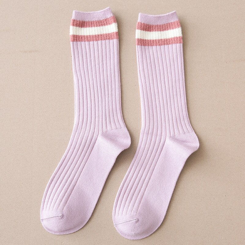1Pair Warm Breathable Stripe Girl Long Socks Korean Style Polyester Middle Tube Stocking for Girl Sock: light purple