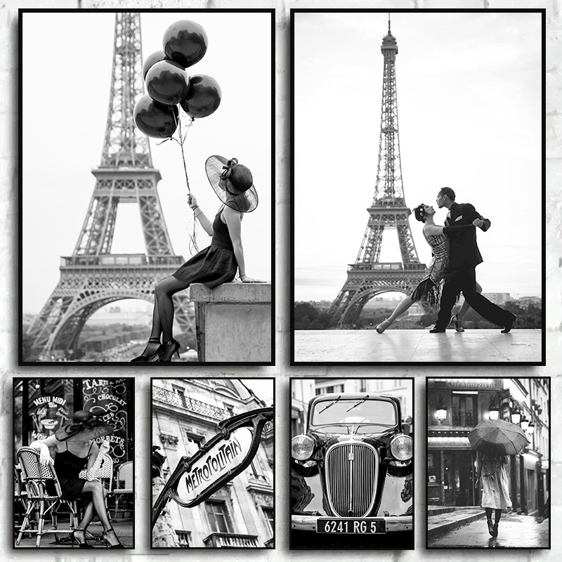 Fotos de fotografía en blanco y negro, imagen impresa en lienzo, globos negros, para mujer, Tour Eiffel, cartel de coche Vintage, decoración del hogar