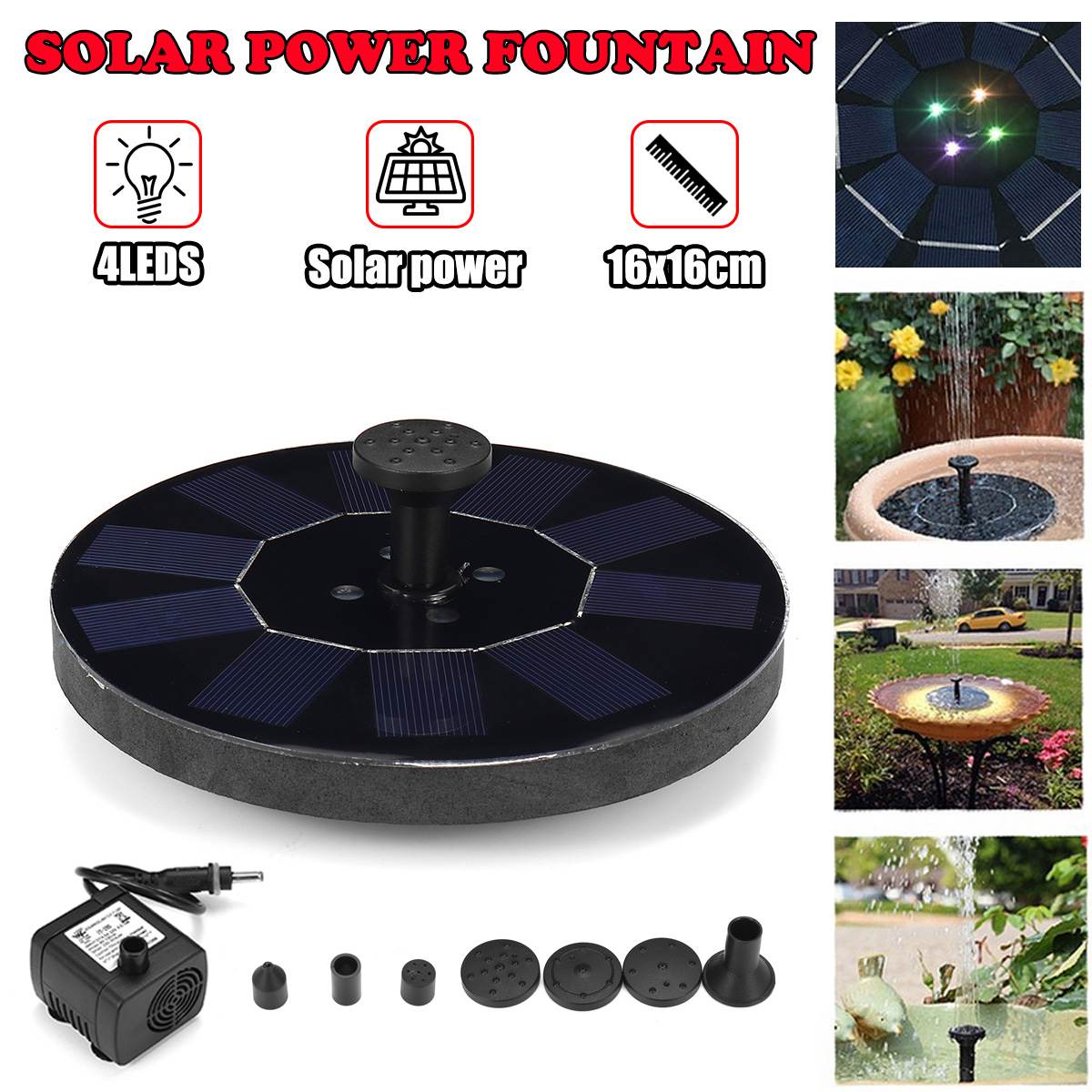 16cm Floating Solar Fountain Garden Water Fountain Pool Pond Decoration Solar Panel Powered Fountain Water Pump with Led light