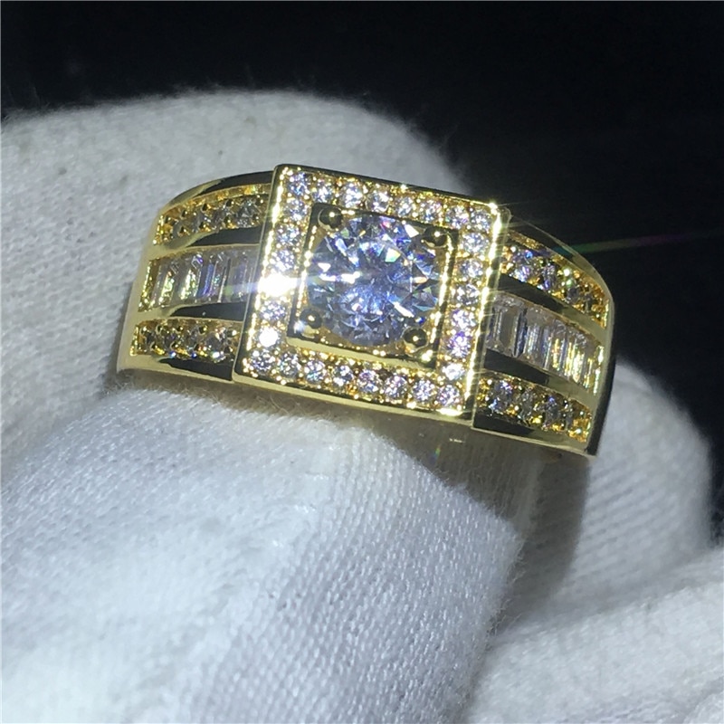 Solitaire masculino amarelo ouro enchido anel 5mm aaaaa zircon cz noivado casamento anéis de banda para homens moda jóias