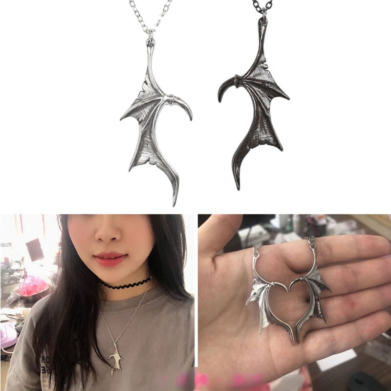 2Pcs Persoonlijkheid Punk Hart Wing Ketting Liefhebbers Vinatge Bat Wing Hart Koppels Hanger Ketting Set Mode Jewerly