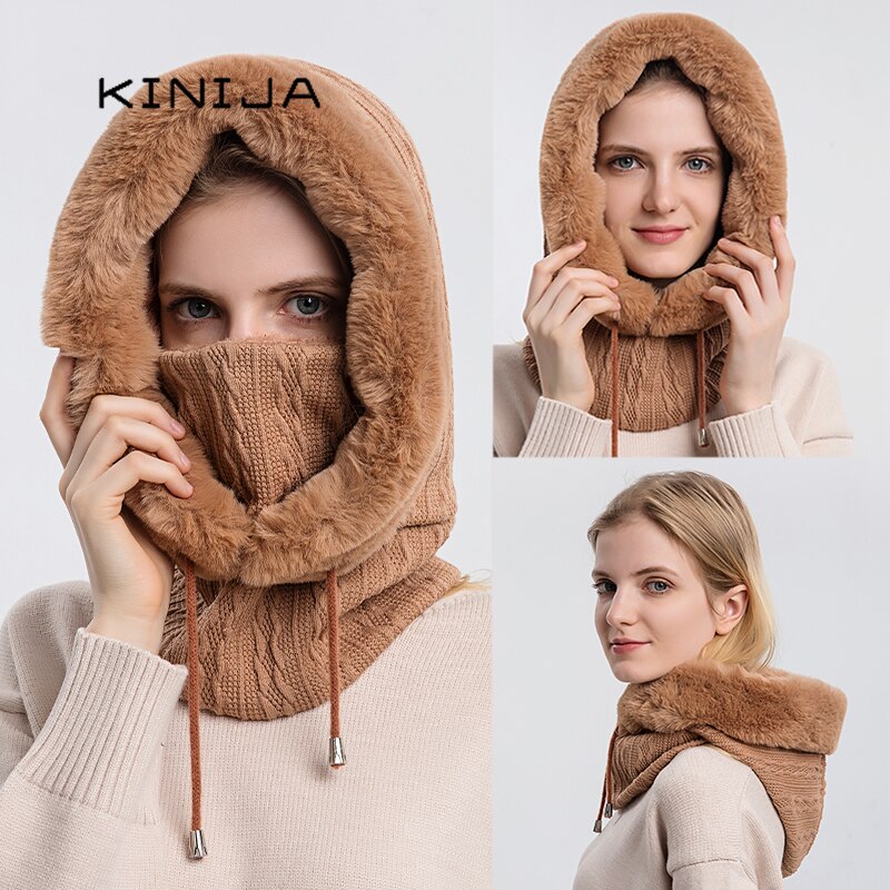 Talviturkis lippis maski setti hupullinen naisille neulottu kashmir kaula lämmin balaclava suksi tuulenpitävä hattu paksu pehmoinen pörröinen pipot huppu
