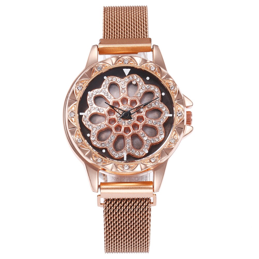 Horloge dames merk luxe 360 graden roterende diamant wijzerplaat horloges mesh magneet dameshorloge quartz klok relogio femino: Roségoud