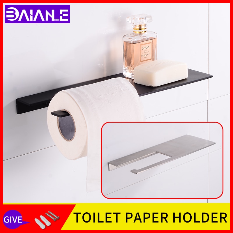 Toiletpapirholder sort rustfrit stål badeværelsesrulleholder vægmonteret fortykket serviettholder vaskerumshampoohylde