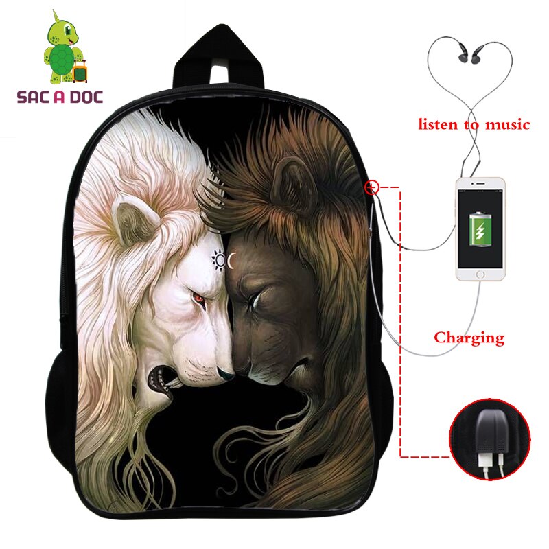 Laptop-rucksack für jungen und mädchen, reise- und schulrucksäcke mit 16- zoll-usb-ladeanschluss, löwenmuster, 3d schultaschen für teenager: 0 löwen 74
