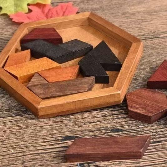 Classic hexagonal tangram puzzle made of wood, brain teasers for children, logic puzzles, casse tete rompecabezas de madera