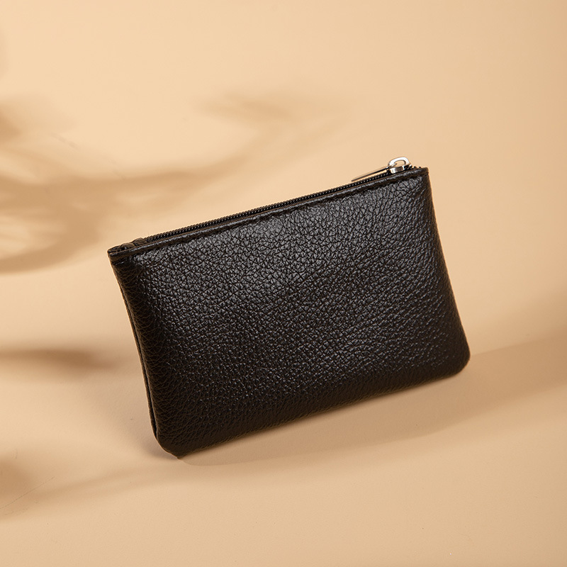 Ultradünne mini-geldbörse mit litschi-muster, reißverschluss, retro-tasche für damen, münzbeutel aus pu-leder, schlüsselanhänger-clutch: Schwarz