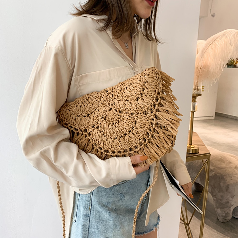 Mode Stro Crossbody Tas Geweven Pu Lederen Boho Strand Vrouwen Dames Shell Schoudertassen Zomer Handtassen