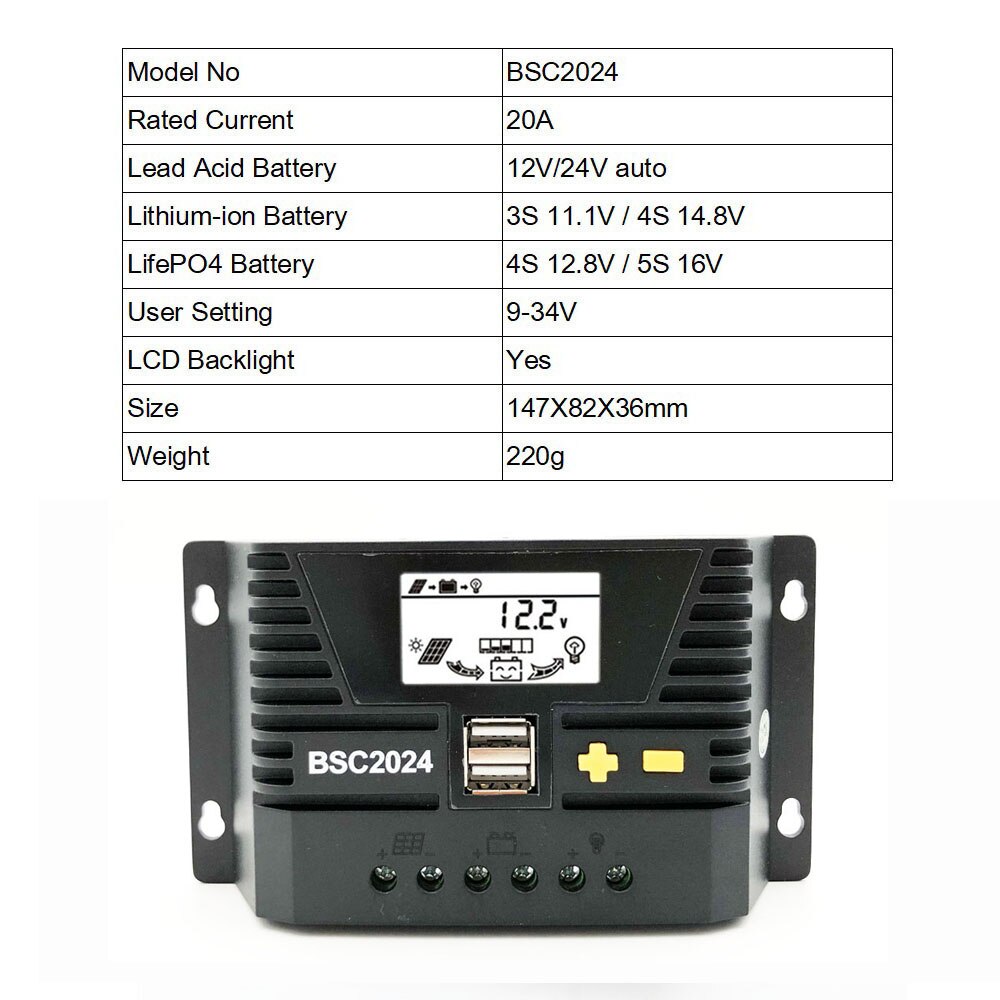 80a/60a/30a/20a lcd-näyttö aurinkopaneeli teho akkupankki laturi pwm aurinkolatausohjain usb 5v käytetään lyijyakkua: 20a