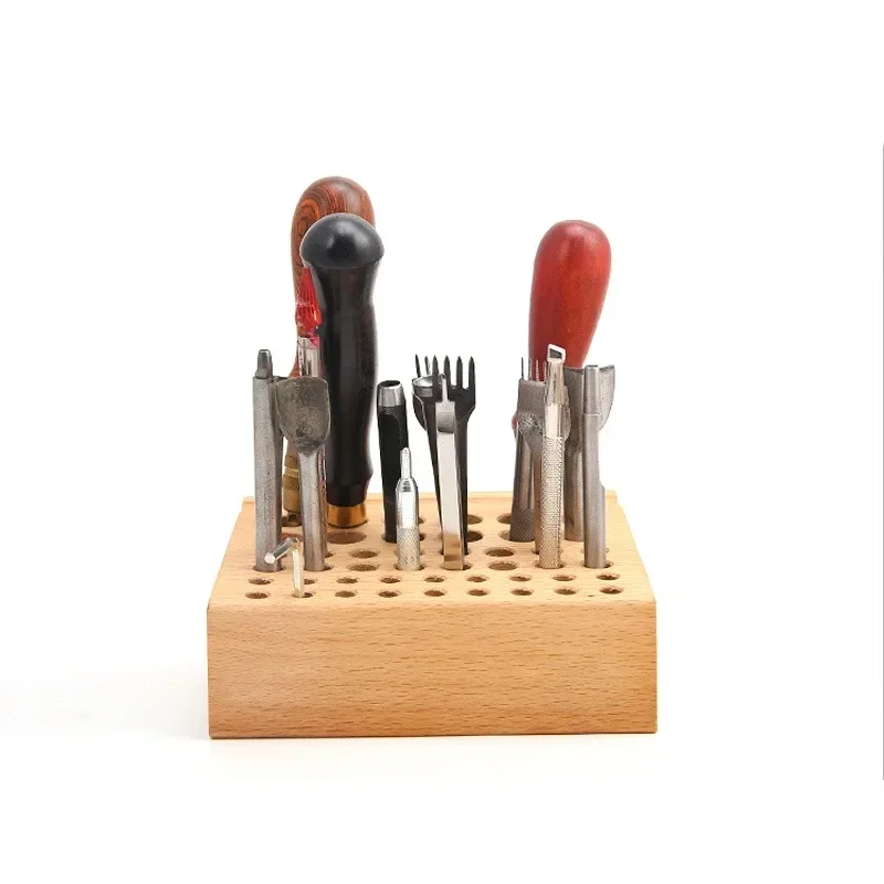 Caja portaherramientas de reparación de relojes con 46 agujeros, estante de madera, artesanía de cuero, herramientas de trabajo hecho a mano, organizador, almacenamiento de brocas para tallar