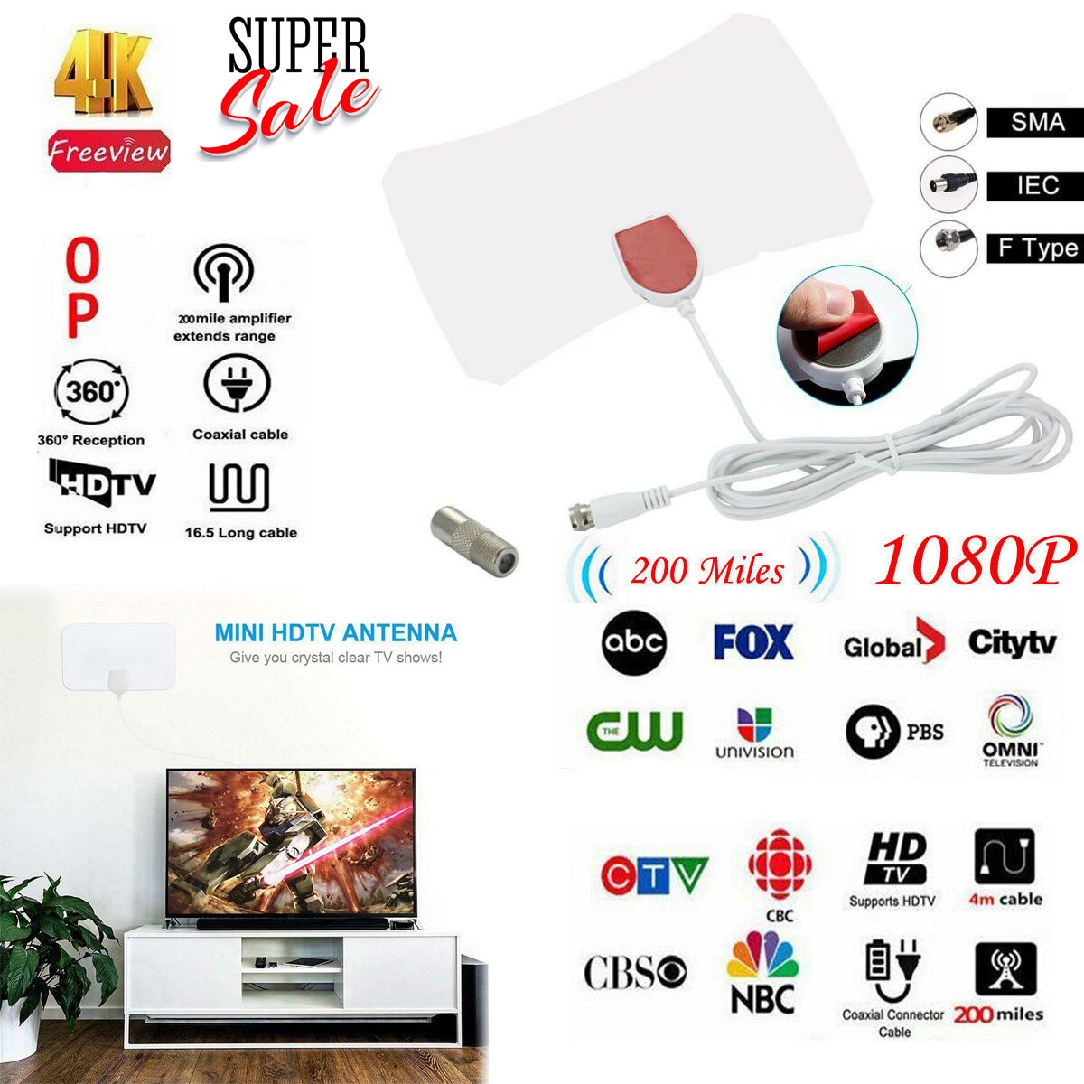 50 Mile Range 1080P Mini Antenna Indoor HD Digital HDTV TV Antenna