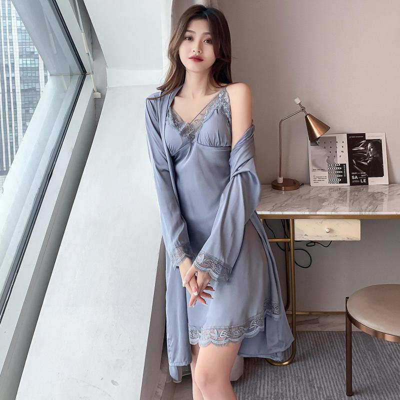 Pink Silk Rayon Nighty&amp;Robe Set Nightgown Sexy Lace Wedding Robe Sleepwear Spring Summer Kimono Bathrobe Gown Loose Home Dress