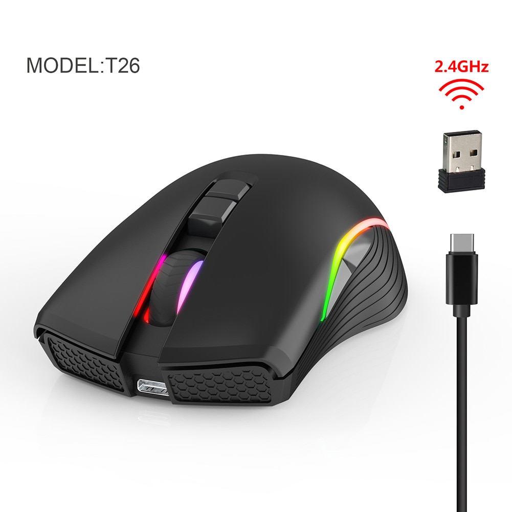 Gaming USB Receiver Optical Mouse Mice Rechargeable 2.4GHz T26 Wireless Office Caring Computer Supplies for PC