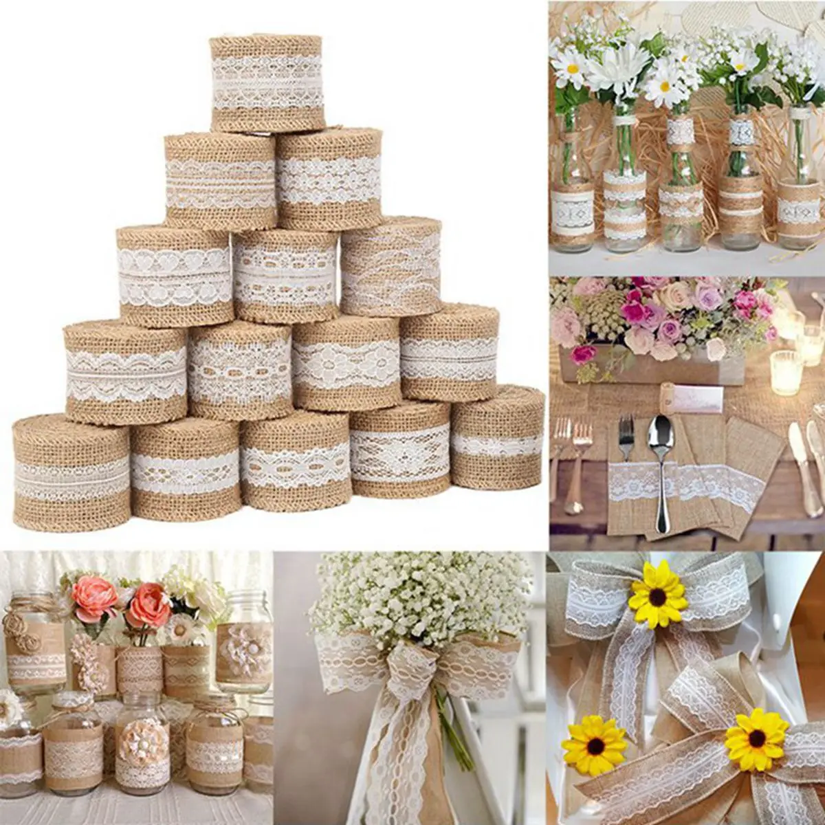 Cinta de encaje de arpillera de yute Natural de 2 metros y 5cm con borde de encaje blanco, decoración rústica de boda para boda, cintas artesanales con lazo DIY