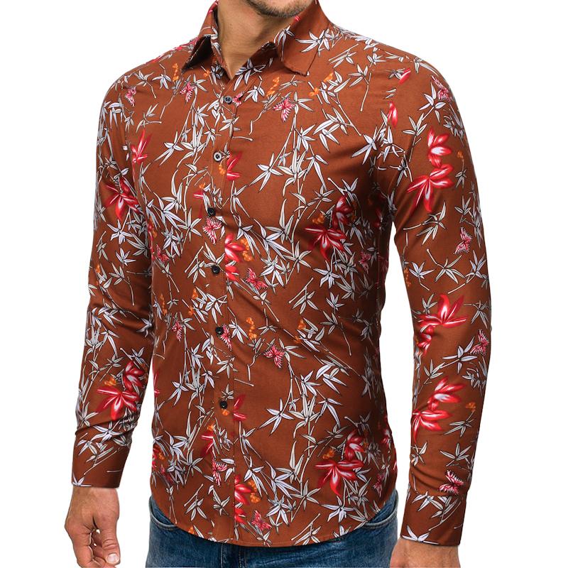 Lange mouwen heren hawaiiaans casual bloemen overhemd voor mannen blouse plus size vrijetijdskleding zwart bruin: Bruin 1513-cs64-p23 / M