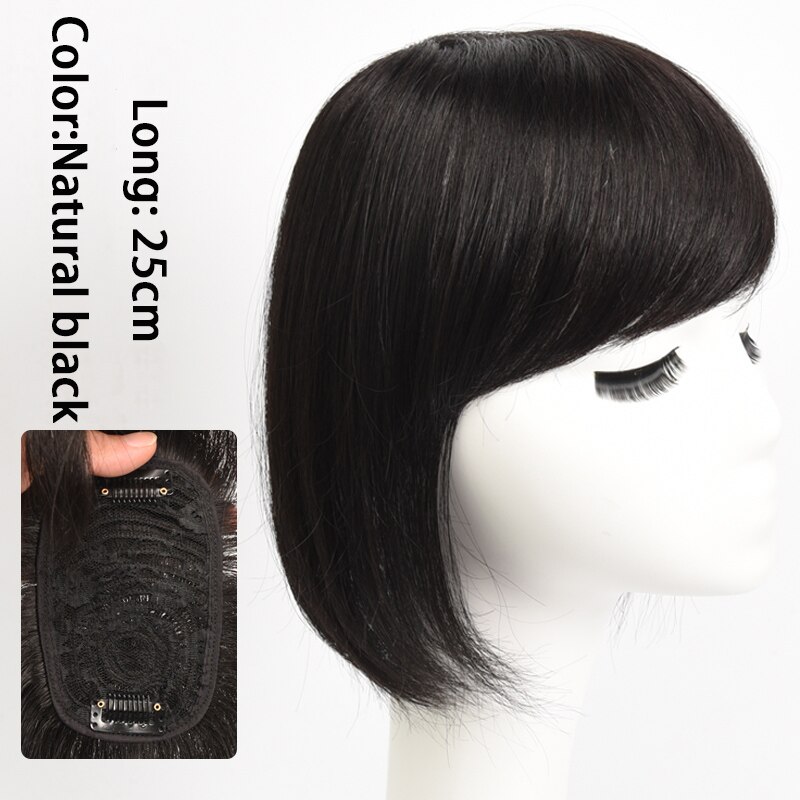 LANLAN-Peluca de cabello blanco con flequillo, pieza de cabello natural negro/marrón oscuro, parte superior fina e invisible, 3D: 2
