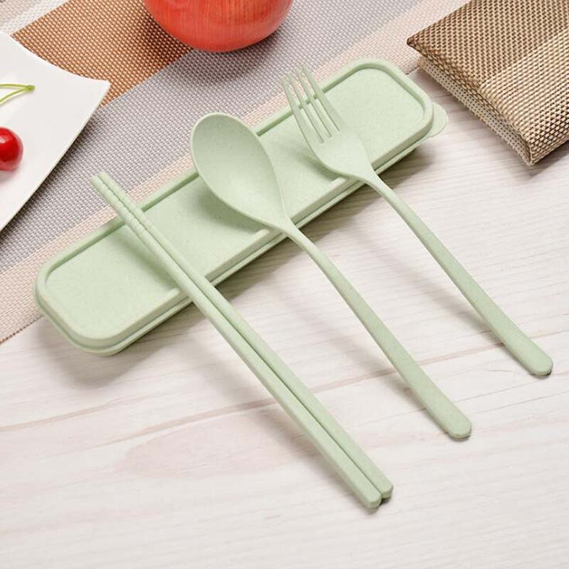 Juego de cuchara y tenedor de avión, juego de palillos para niños, plato de cena escolar, bandeja, vajilla de Almuerzo Bento caja para estudiantes: green 3pcs