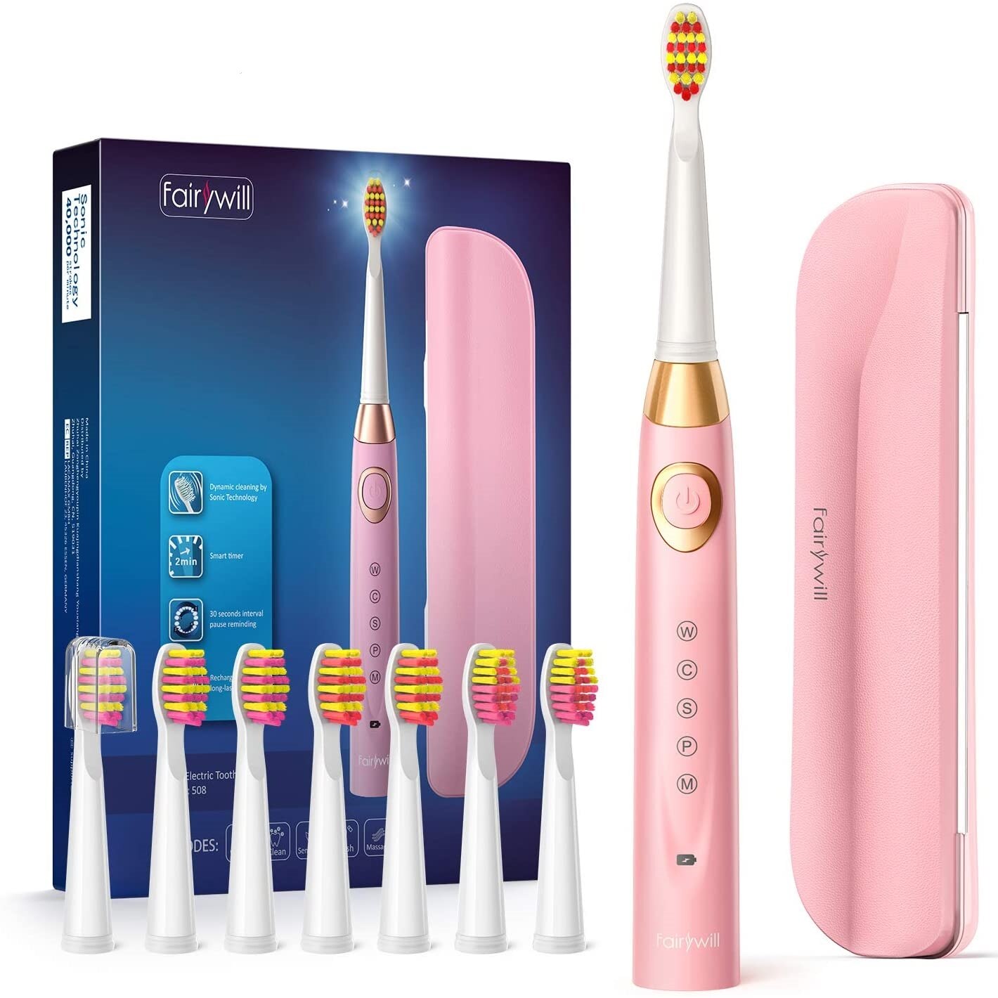 Fairywill Electric Sonic Toothbrush FW-507 Rechargeable USB Charge Waterproof Electronic Tooth 8 Brushes Replacement Heads Adult: 508-420-Pink