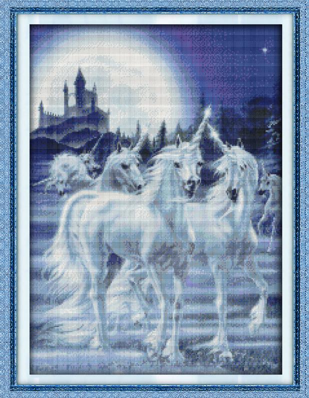 Joy Sunday Unicorn Series Embroidery 11CT Printed Fabric 14CT Canvas DMC Counted Chinese Cross Stitch Kits Crafts Home Decor: D137 / 11CT White Fabric