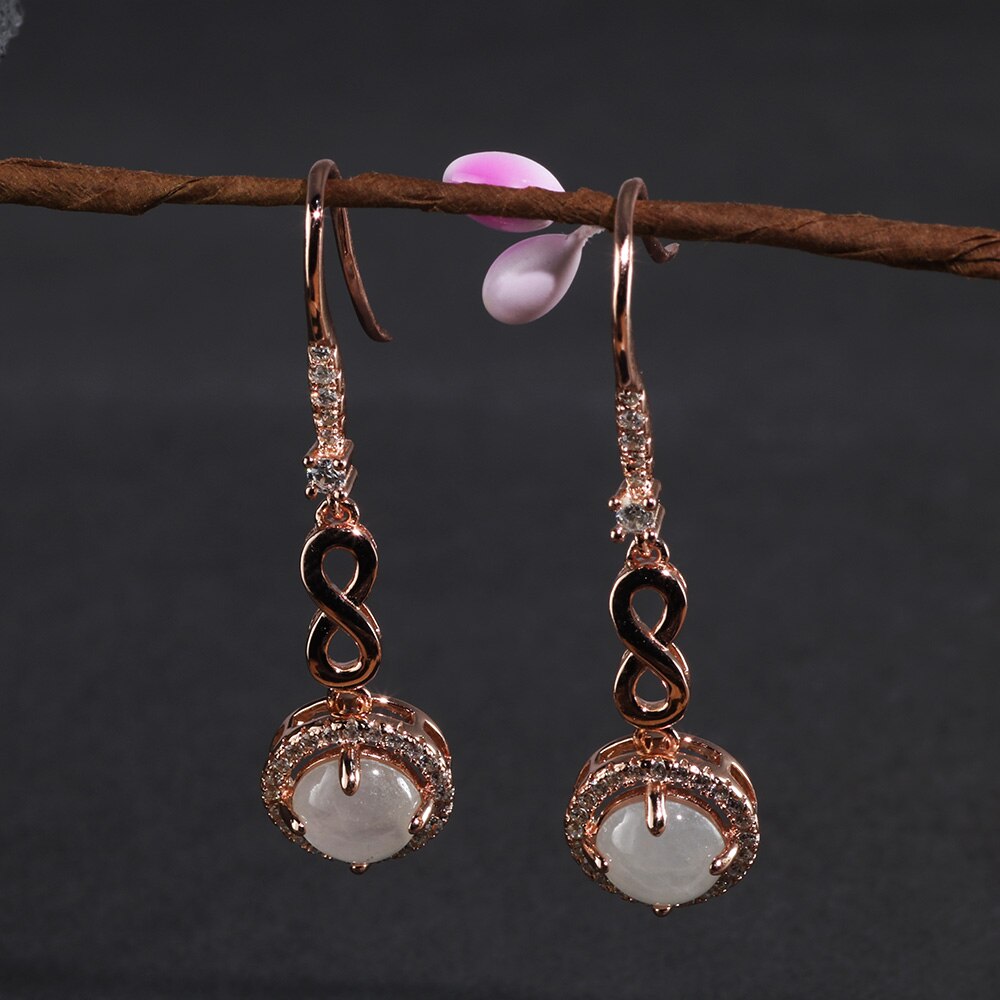 Natürliche Jade Edelstein Schmuck Sets Für Frauen Unendlichkeit Symbol 925 Sterling Silber 4 Krallen Einstellung Rose Gold Überzogen: Earrings