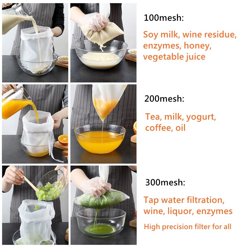 150/75/48/25 micron Nut Milk Bags Reusable Mesh Filter Net Coffee Fruit Juice Wine Food Grade Nylon Filter Bag Kitchen Filters